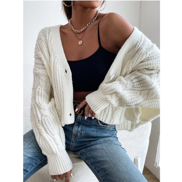 White Cable Knit Button Front Cardigan - Picture 7 of 7